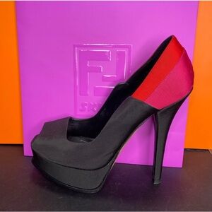 Fendi Tricolor Colorblock Canvas Fendista Peep Toe Platform Pumps Size 39.5